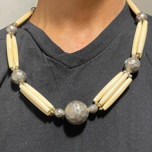 Beaded Necklace with Cream and Silver Accents